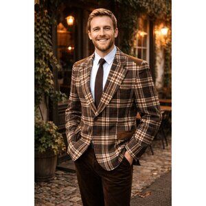 VTG Mens Plaid Wool Blazer Sport Coat Union Made Dark Academia USA 40–42 Brown
